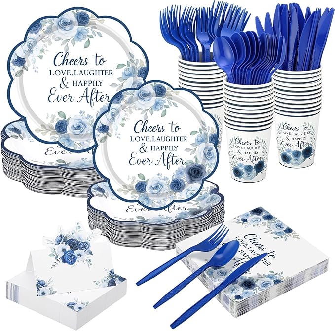 Shellwei 410 Pcs Blue Floral Wedding Decorations Elegant Floral Paper Plates and Napkins Set Disposable Party Tableware Sets with Cups Knives Forks Spoons Seat Card Favors for 50 Guests