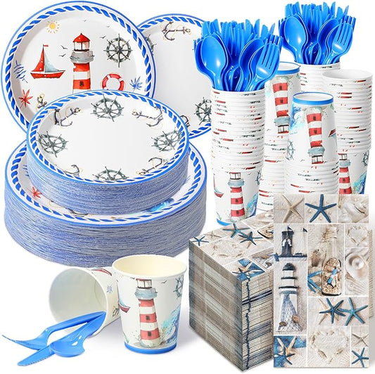 Sinmoe 400 Pcs Summer Plates and Napkins Set Summer Paper Dinnerware Disposable Party Supplies for 50 Guest Dinnerware Knife Fork Spoon for Birthday Party(Blue,Nautical)