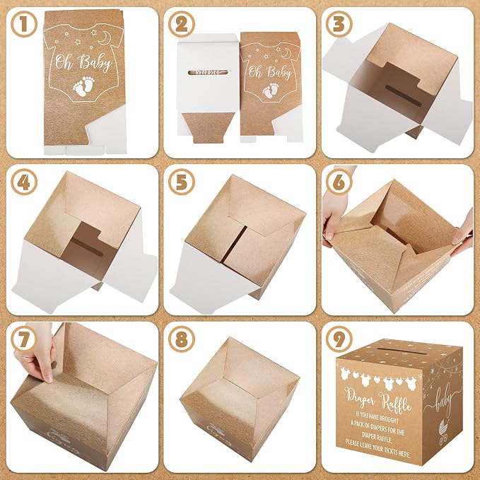 Teling 51 Pieces Diaper Raffle Tickets with Card Box Baby Shower Decorations Baby Shower Holder Box for Girl Boy Diaper Raffle Party(Kraft Paper Style)