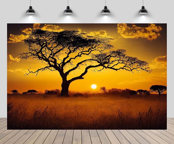 17x10ft Africa Savannah Landscape Backdrop Africa Travel Huge Tree Sunset Scenery Background African Hiking Camp Birthday Party Decorations Portrait Photo Booth Studio Props