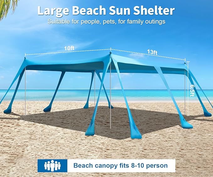 13x10FT Beach Tent Sun Shelter – UPF50+ Outdoor Canopy with 10 Sandbags, Sand Shovel, Ground Pegs & Stability Poles – Portable Shade for Camping, Fishing, Picnics & Beach Trips