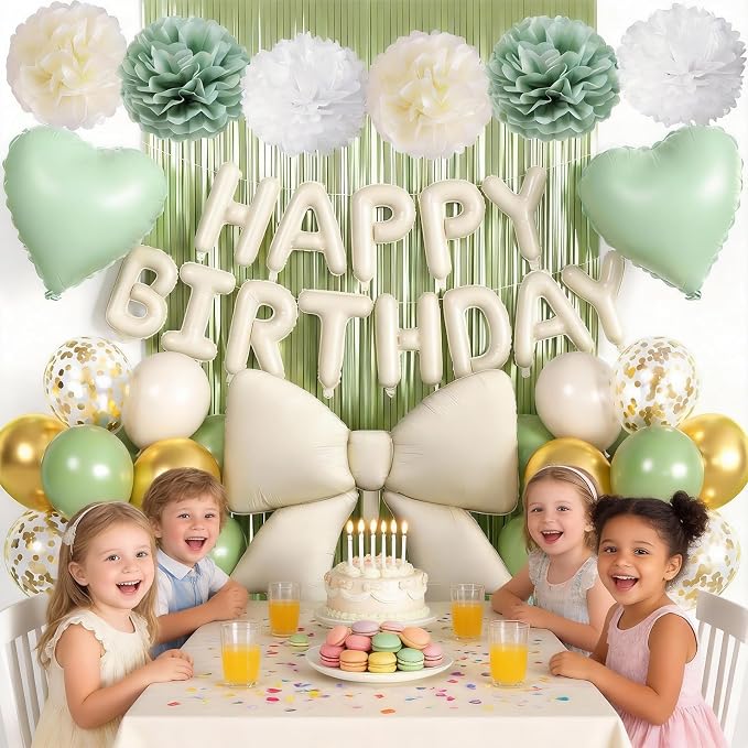 Sage Green Bow Birthday Decorations, Happy Birthday Balloon Banner with Bow and Heart Foil Balloons Fringe Curtain Tissue Paper Pompoms Garland Party Supplies for Women Girls Boys