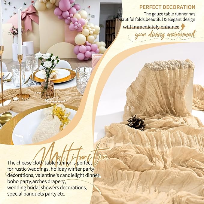 1 Pack Cheesecloth Table Runner 10FT Nude Table Runner Boho Gauze Cheese Cloth Table Runners Long Rustic Sheer Table Decorations for Wedding Party Baby Bridal Shower Birthday Holiday Home