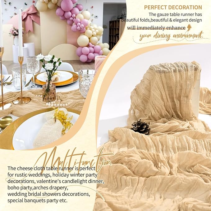 10 Pack Nude Cheesecloth Table Runner 10FT Boho Gauze Cheese Cloth Table Runners Romantic Rustic Sheer Table Decorations for Wedding Party Baby Shower Birthday Holiday Home