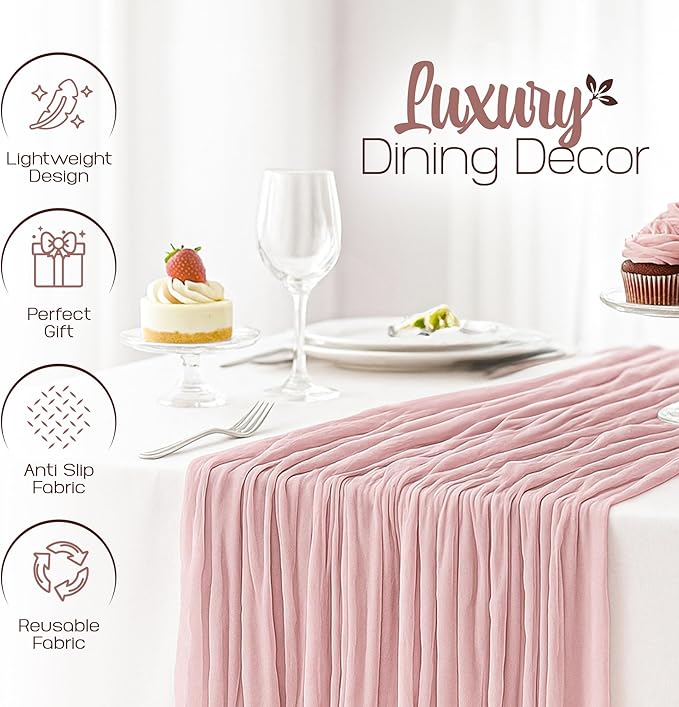 12 Pack Dusty Pink Cheesecloth Table Runners 10FT Long – 35 x 120 Inch Boho Gauze Table Runners for Engagement, Wedding, Baby Shower & Home Decor – Soft Wrinkled Polyester Fabric