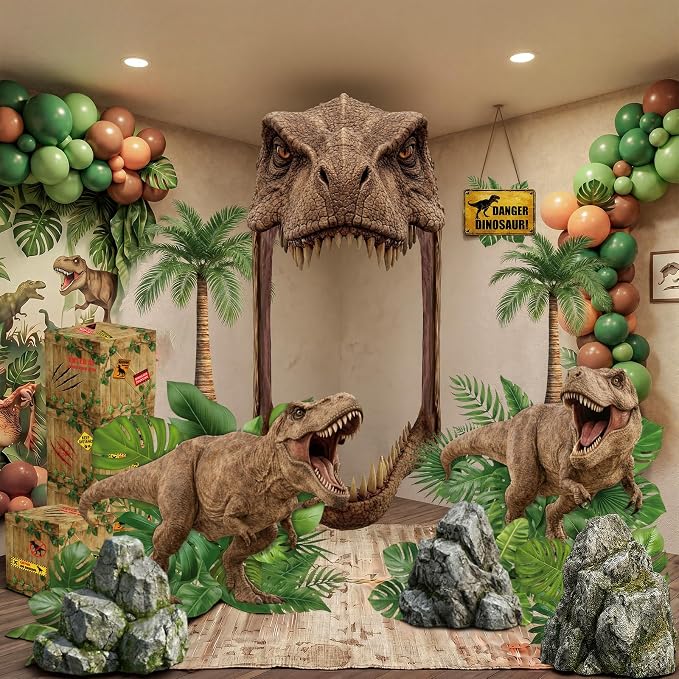 Colingmill 13 Pcs Dinosaur Birthday Decoration Jurassic Themed Party Supply with T-rex Large Door Banner Backdrop, Palm Trees, Dinosaur Cutouts Boxes and Warning Sign for Jungle Safari Birthday Decor