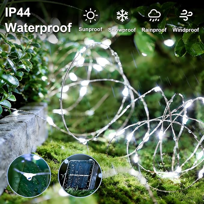 QITONG 4 Pack Solar Fairy Lights, Each 33ft 100 LED White Christmas String Light Outdoor Waterproof, 8 Modes Silver Wire Christmas Twinkle Mini Lights