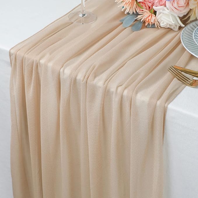 WELTRXE 10 Pack Champagne Chiffon Table Runner 30x120 Inches Romantic Sheer Wedding Table Runner Glitter Brown Tulle Fabric Party Table Decorations for Wedding, Birthday Party, Bridal & Baby Shower