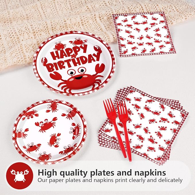 Grencian 96PCS Crab Birthday Party Decorations Crab Plates and Napkins Disposable Crabs Paper Tableware Set for Baby Shower Picnic BBQ Crabs Seafood Boil Birthday Party Supplies, Serves 24