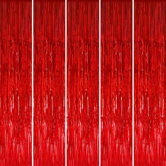 GOER 3.2 ft x 9.8 ft Metallic Tinsel Foil Fringe Curtains Party Photo Backdrop Party Streamers for Birthday,Graduation,New Year Eve Decorations Wedding Decor (5 Packs,Red)