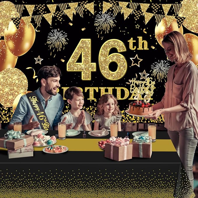 46th Birthday Decorations Men Women with 46th Birthday Banner, Black and Gold Table Cloth, Number Balloons, Large Sash, Cake Topper and Candles