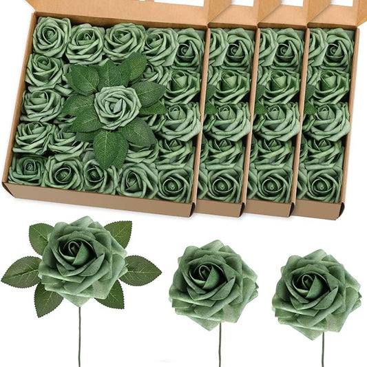 100 Pcs Artificial Foam Rose Flower Faux Bouquet Wedding Fake Rose Gift for Mother's Day Women DIY Bridal Shower Party Table Birthday Home Spring Decor (Elf Green)
