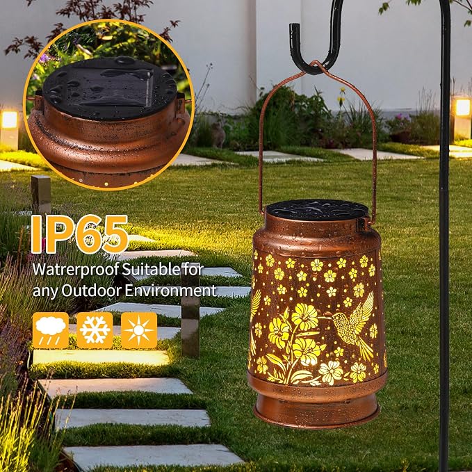 2 Pack Hummingbird Solar Lanterns Outdoor Waterproof Garden Decor Birthday Gifts for Women Mom Grandma Hanging Solar Lights Metal Lantern Decoration Outside for Porch,Patio,Yard,Backyard