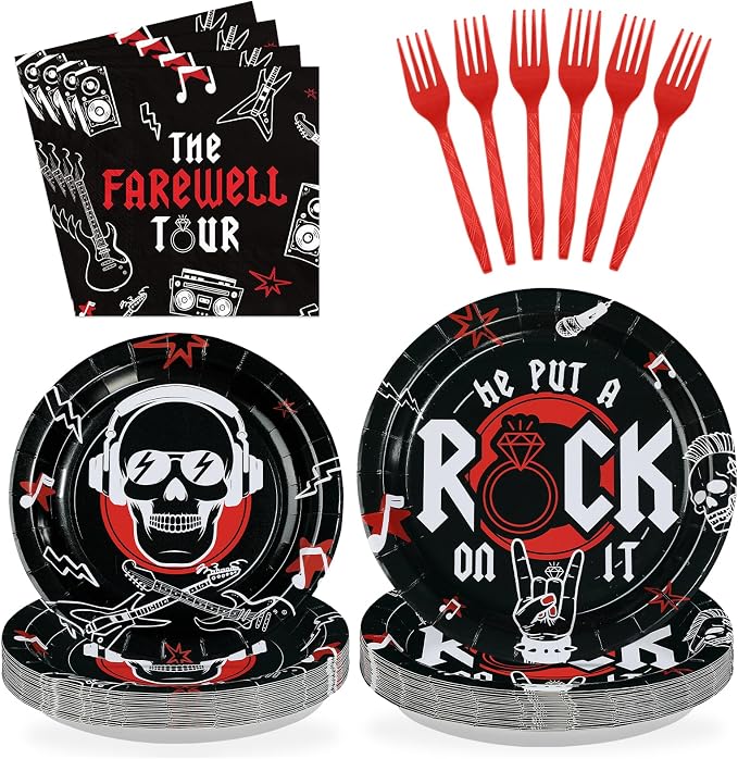 96Pcs Rock and Roll Party Decorations He Put A Rock On It Plates and Napkins Rock N Roll Tableware Sets for Boys Girls Bachelor Rockstar Guitar Music Theme Born to Rock Party Decorations Supplies