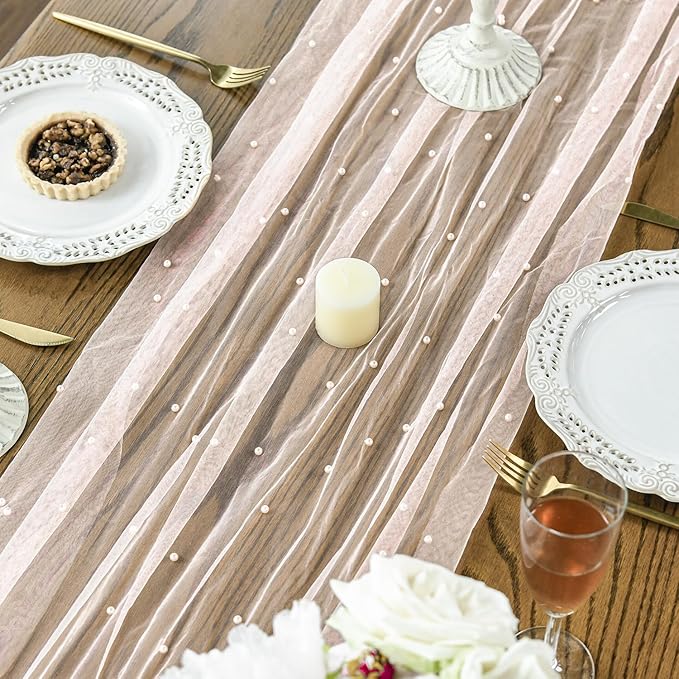 Artoid Mode 6PCS Pearl Pink Gauze Table Runner 120 Inch 10FT, Seasonal Sheer Dining Holiday Wedding Birthday Baby Shower Table Decor for Home Party