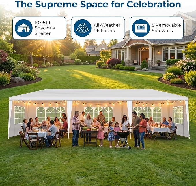 10x30 Canopy Tent for Parties, Heavy Duty Waterproof Outdoor Tent with 5 Detachable Sidewalls & Window Panels, Large Event, Wedding & Backyard Shelter, Commercial & Personal Use, White