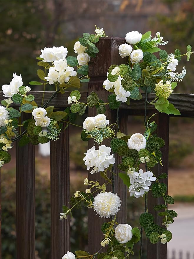 MISSPIN 5.9Ft Eucalyptus Garland with Flowers, Artificial Fake Flower Greenery Spring Garland for Baby Shower Wedding Mantle Table Centerpiece Spring Decor