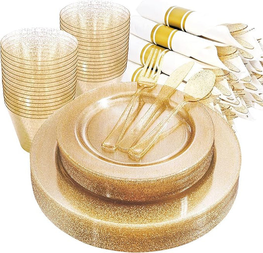 DaYammi 112Pcs Gold Glitter Plastic Plates,Gold Disposable Dinnerware - Gold Plastic Plates Includes 16 Dessert Plate,16 Dinner Plate,16 Per Rolled Napkins with Cutlery and Cups for Party Wedding