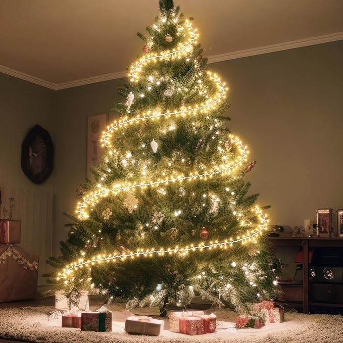 Mudder 49 ft Christmas Tree Garland Lights with Metal Wire Ring 300 LED Fairy String Lights 8 Modes Twinkle Light Battery Operated for Indoor Outdoor Xmas Tree Party Decoration (No Batteries Included)
