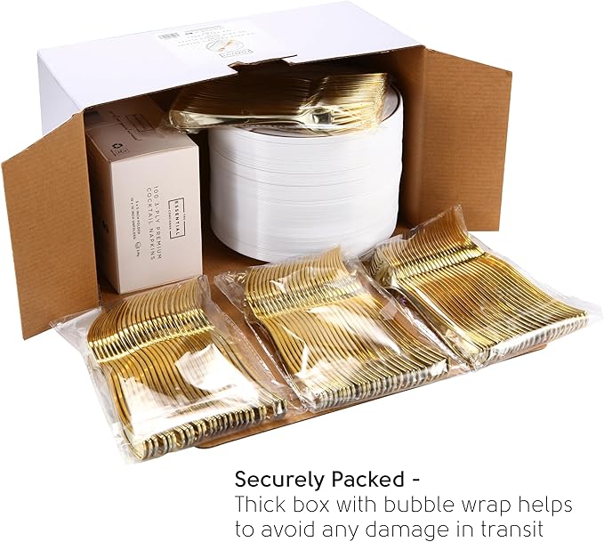 Stylish Gold Dessert Plates, Napkins and Forks, 100 7.5 Inch Wedding Cake Plates and Forks with Cocktail Napkins, Plastic Cocktail Plates for Appetizers, Gold Cake Plates for Wedding Reception