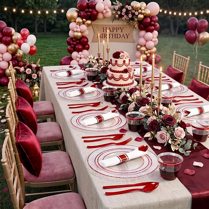 Ciaell 350 PCS Clear and Red Plastic Plates – Red Dinnerware Set for 50 Guests Include 100 Plastic Plates, 50 Pre Rolled Napkins with Cutlery Set, 50 Cups for Wedding