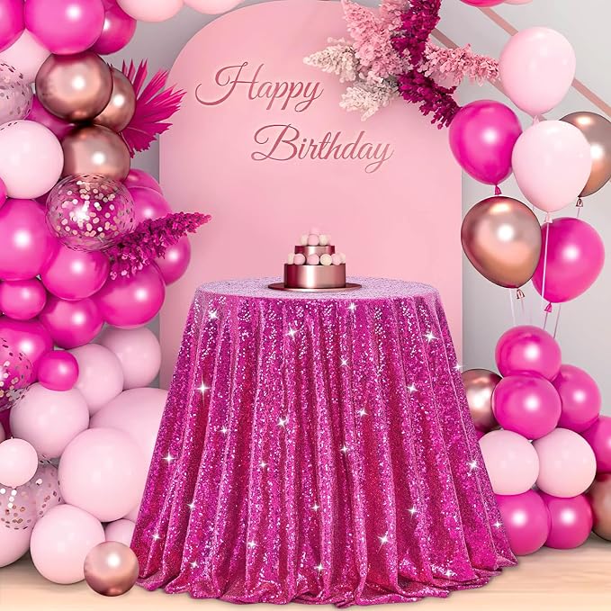 B-COOL Round Sequin Tablecloth Party Decorations: 132 Inch Fuchsia Table Cloth Glitter Fabric Overlay for Indoor Outdoor Dining Parties Home