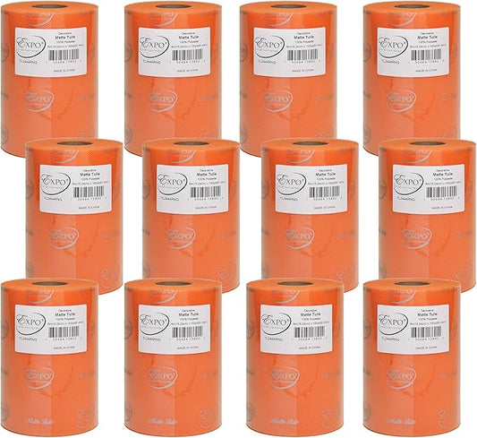 Expo International Decorative Matte Tulle, Roll/Spool of 6” X 100 Yards, Lightweight Polyester Tulle Fabric for Tutus, Costumes, and Party Decorations, Washable, Easy-to-Use, Pack of 12, Orange