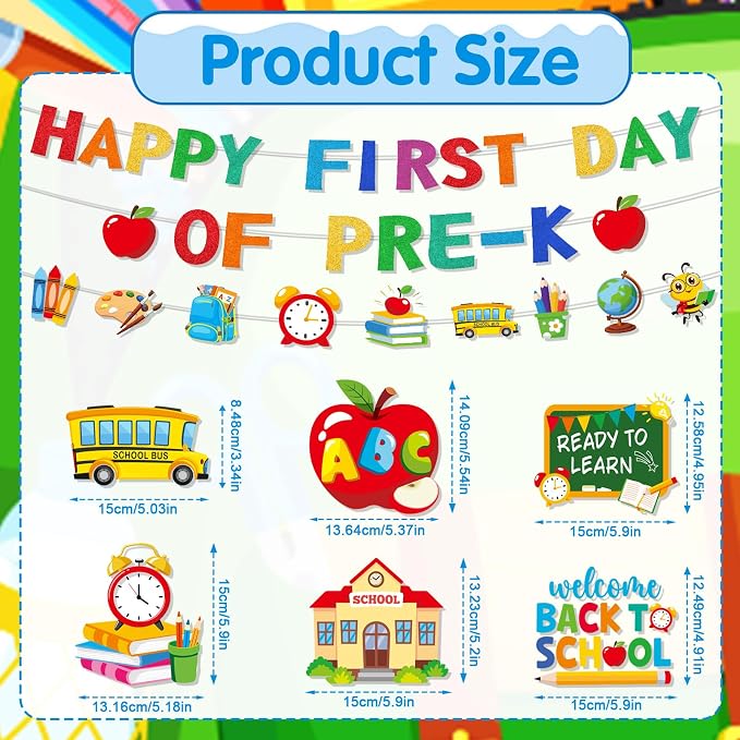 First Day of Pre-K Decorations - 15PCS First Day of Preschool Party Banners Hanging Swirls Paper Pompoms Decor, Back to School Classroom Decor Supplies