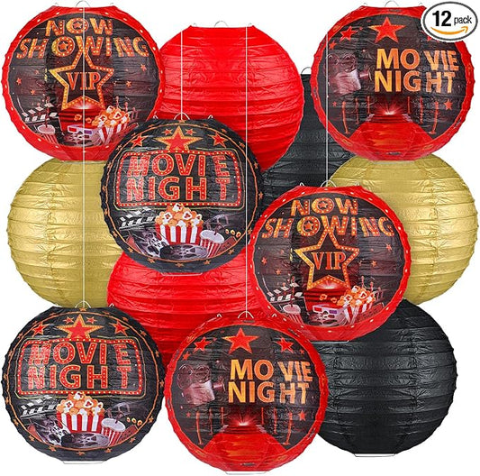 Panelee 12 Pcs Movie Night Party Decorations Theme Hanging Paper Lanterns with Popcorn Trophy Microphone Film Reel Lanterns Decorative for Movie Night Theater Home Carnival Birthday Party