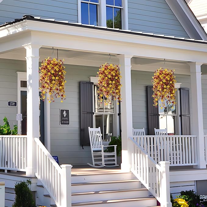 Homsunny Fall Artificial Faux Mums Hanging Flowers Plants Basket for Outdoor Decoration,Fake Silk Daisy planters UV Resistant Look Real for Home Porch Patio Balcony Yard Autumn Decor (Yellow Brown)