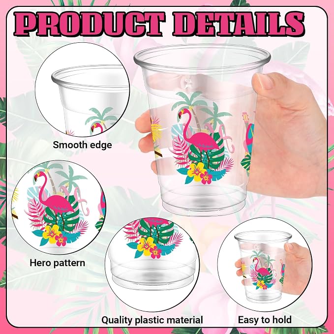 FoldTier 50 Pcs Summer Hawaiian Cups 12 oz Plastic Tropical Luau Glasses Clear Tiki Beach Disposable Glasses Flamingo Drinking Cups for Home Kitchen Summer Tiki Theme Party Favors Supplies Decoration