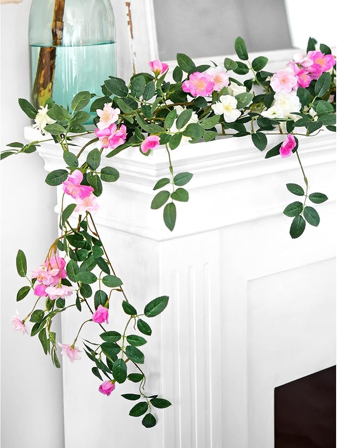 FiveSeasonStuff Fuchsia Pink Wild Rose Vine Garland, Two Faux Silk Floral Garlands with Greenery, Bendable Decorative Vines 12 ft Total