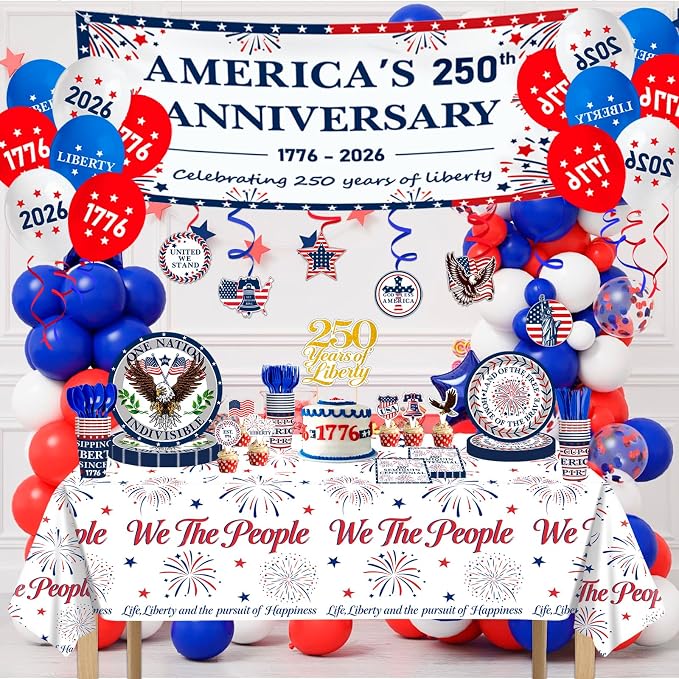4th of July Party Supplies USA 250th Anniversary Patriotic Party Kit Include Plates Balloons Banner Tablecloth Cake Topper Napkins Cups Tableware, Serves 24