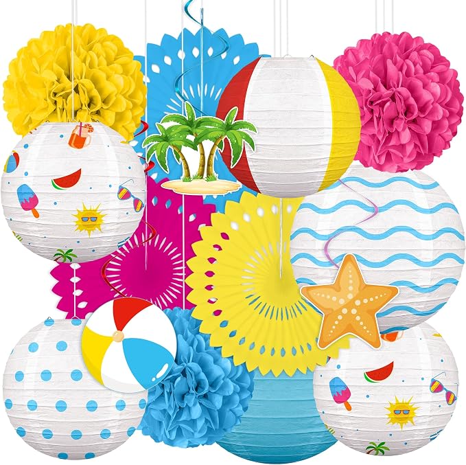 Renbuzhu 15Pcs Beach Party Decorations Paper Lanterns Fans Pom Poms Hanging Swirls Summer Pool Luau Hawaiian Tropical Decor Indoor Outdoor