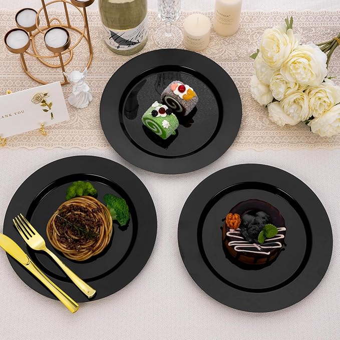 Goodluck 200PCS Black Plastic Plates, Heavy Duty Disposable Black Plates with 100 10.25 inch Dinner Plates and 100 7.5 inch Dessert Plates for Party, Holiday, Wedding