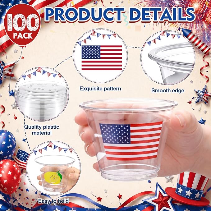 LemonRoad 100 Pack Patriotic 4th of july Cups 9 oz Star Stripe American Flag Disposable Clear Plastic Cocktail Cups Hot Cold Beverage Drinks for 250th anniversary decorations and party favors