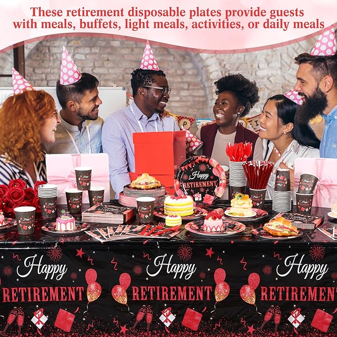 Funnymoom 452 Pcs Retirement Party Decorations Supplies Set Include Red Black Retirement Paper Plates Napkins Cups Tablecloth Cutlery Straws for Men Women Say Goodbye Party