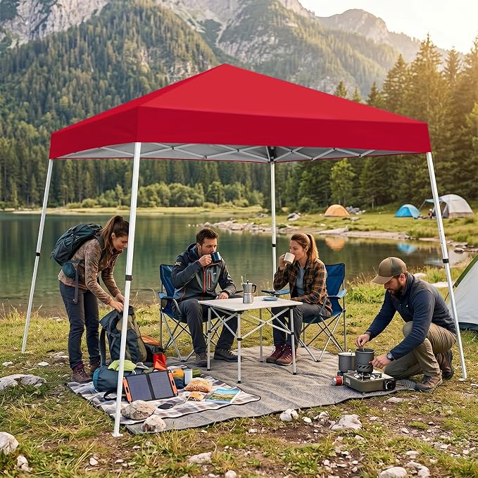 10x10 Pop Up Canopy Tent with Carry Bag, Slant Leg Instant Shade Shelter for Outdoor Events, Camping, Sports, Parties, Red