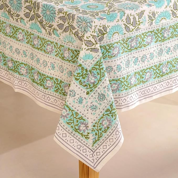 Hand Block Printed Tablecloth, Colorful Floral Print, Indian Artisan Handmade Art, Dining Room, Kitchen, Outdoor Décor, (Flamingo Bloom, 12 Seater 72 x 135 Inches Rectangle)