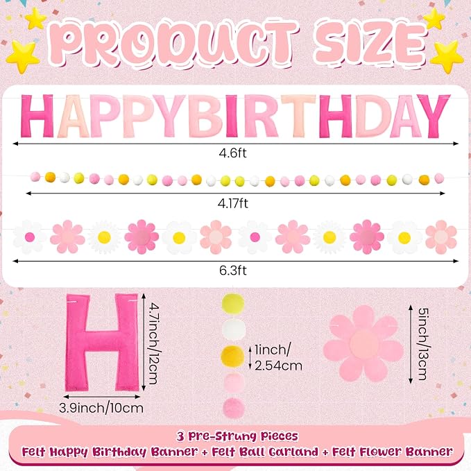 Mindsoft Felt Birthday Decorations Pre Strung 3D Felt Happy Birthday Banner with Fabric Flower Garland, Colorful Ball, Party Decorations for Women Men Boys Girls(Pink,Cute)