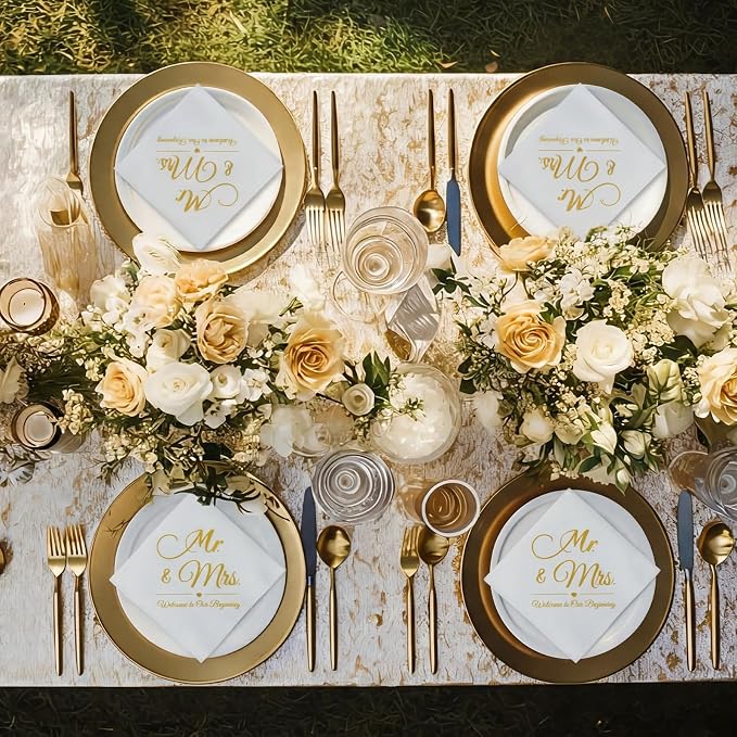 200 Pack Linen Feel Mr and Mrs Wedding Cocktail Napkins Disposable White and Gold Guest Linen Napkins for Wedding Party Reception Dessert Cake Table Decorations