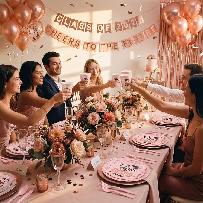 Funnymoom 400 Pcs Graduation Party Supplies Class of 2026 Graduation Paper Plate Napkin Cup Cutlery Congrats Grad Disposable Tableware Set for Grad Party Decorations, Serve 50 (Pink,Black)