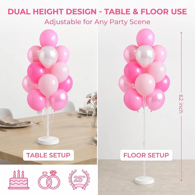 2 Sets Champagne Gold Balloon Stand Kit-Balloon Column Holder with Metallic Rose Balloons for Birthday, Wedding,Baby Shower,Graduation,Anniversary Party Decorations Centerpiece（Blossom Pink）
