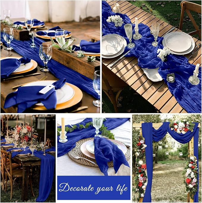 10 Pack Cheesecloth Table Runner 17 x 108 inch Long Boho Gauze Table Runners Semi Sheer Table Runner for Wedding Decor, Baby Shower, Birthday Party, Banquet (Royal Blue)