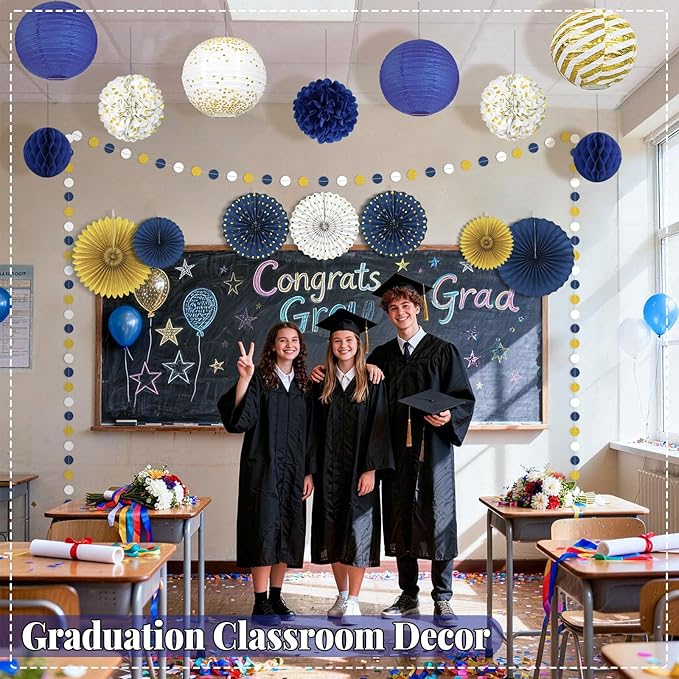 Blue and Gold Party Decorations - 22Pcs Hanging Navy Royal Blue White and Gold Paper Lanterns, Pom Poms, Fans & Honeycomb Balls for Graduation, Birthday, Retirement & Royal Theme Party Supplies