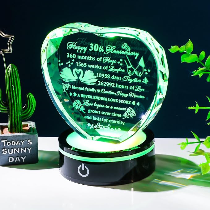 YWHL 30th Anniversary Crystal Heart Gifts for Couples Parents, Laser Engraved Romantic 30 Year Wedding Anniversary Crystal Keepsake Gifts for Wife Husband, 30 Years of Marriage Gift for Her Him