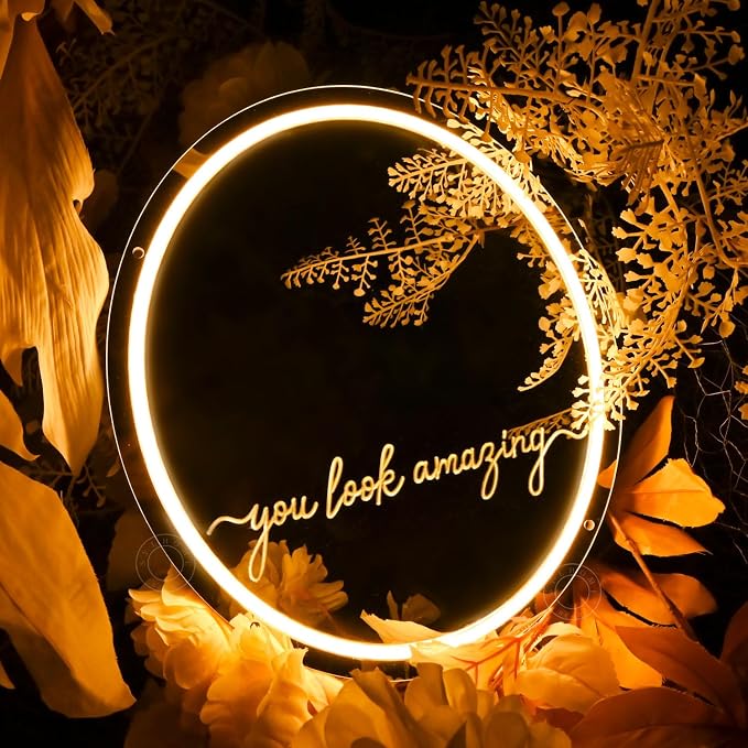 SYLHOME Mirror Led Neon Light Sign You Look Amazing Bedroom Girls Room Dresser Wall Sign Decor Birthday Party Christmas Gifts 13.78" X 11.81" USB Warm White