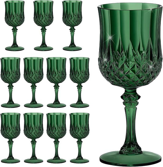 7OZ Plastic Wine Glasses, Reusable Vintage Goblets Unbreakable Drinking Glasses Crystal Water Cups Champagne for Wedding, Parties (12, Dark Green)