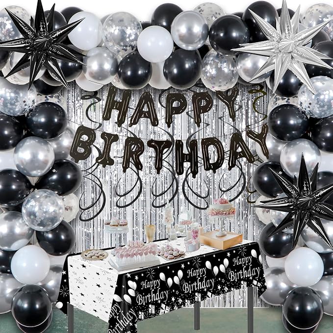 Black Silver Birthday Party Decorations for Men Women, Party Decorations Kit with Black Happy Birthday Banner, Star Balloon, Silver Fringe Curtain, Hanging Swirls for DIY Theme Bday Party