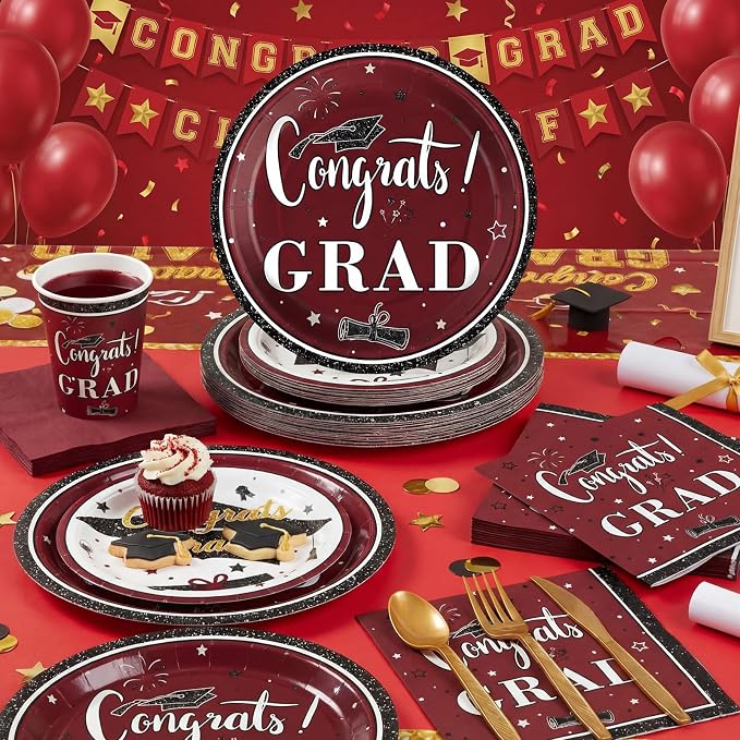 Domensi 400 Pcs 2026 Graduation Decorations Plates and Napkins and Cups Set Serve 50, Maroon and Gold Graduation Party Supplies, Class of 2026 Paper Tableware 9oz Cup Knife Fork Spoon Congrats Grad